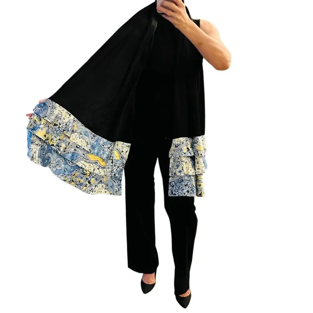 Carlisle Elegant Black Silk Cape Scarf Wrap Blue White Floral Paisley Hem Ruffle